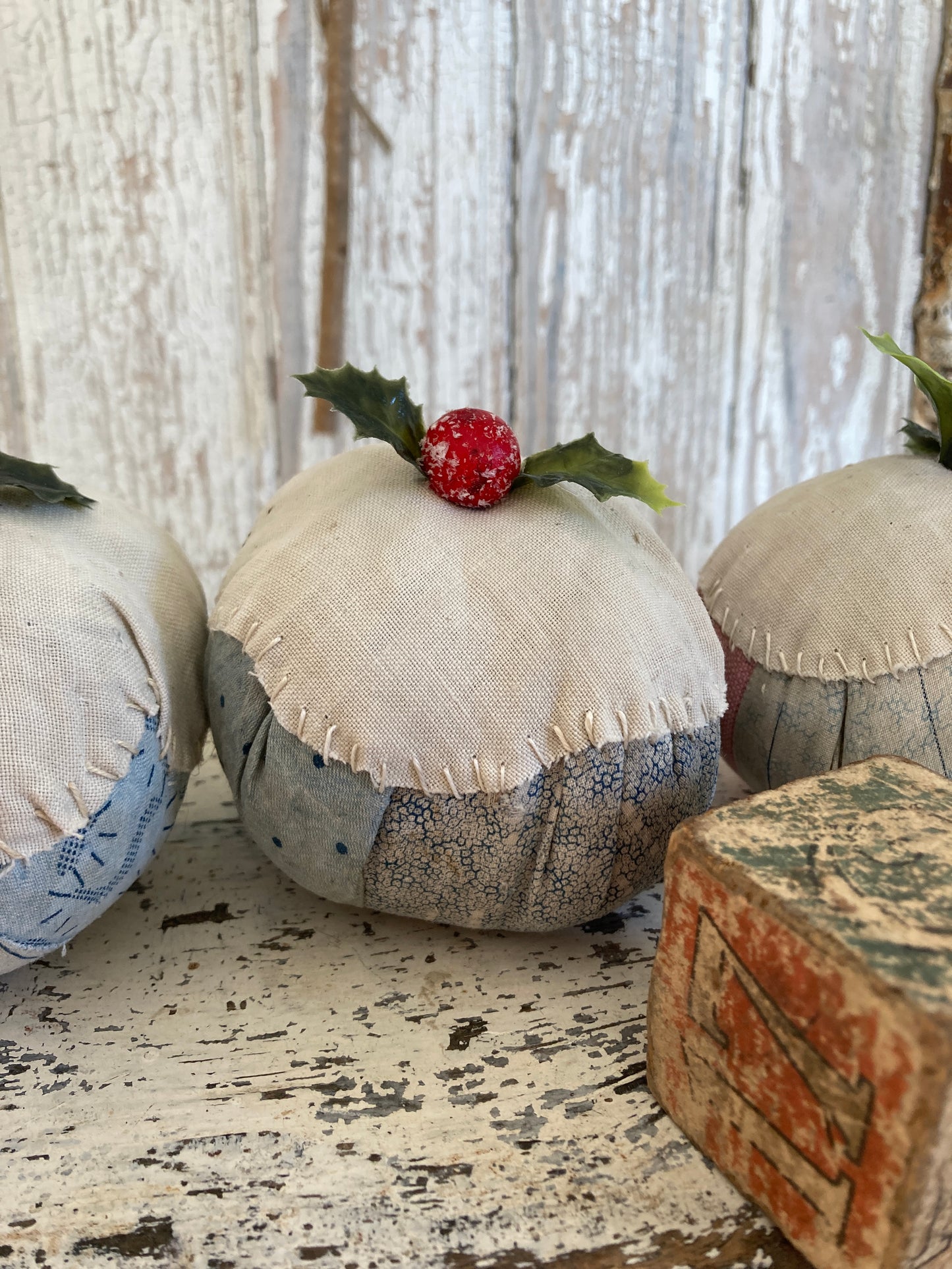 Trio of Christmas antique patchwork plum puddings