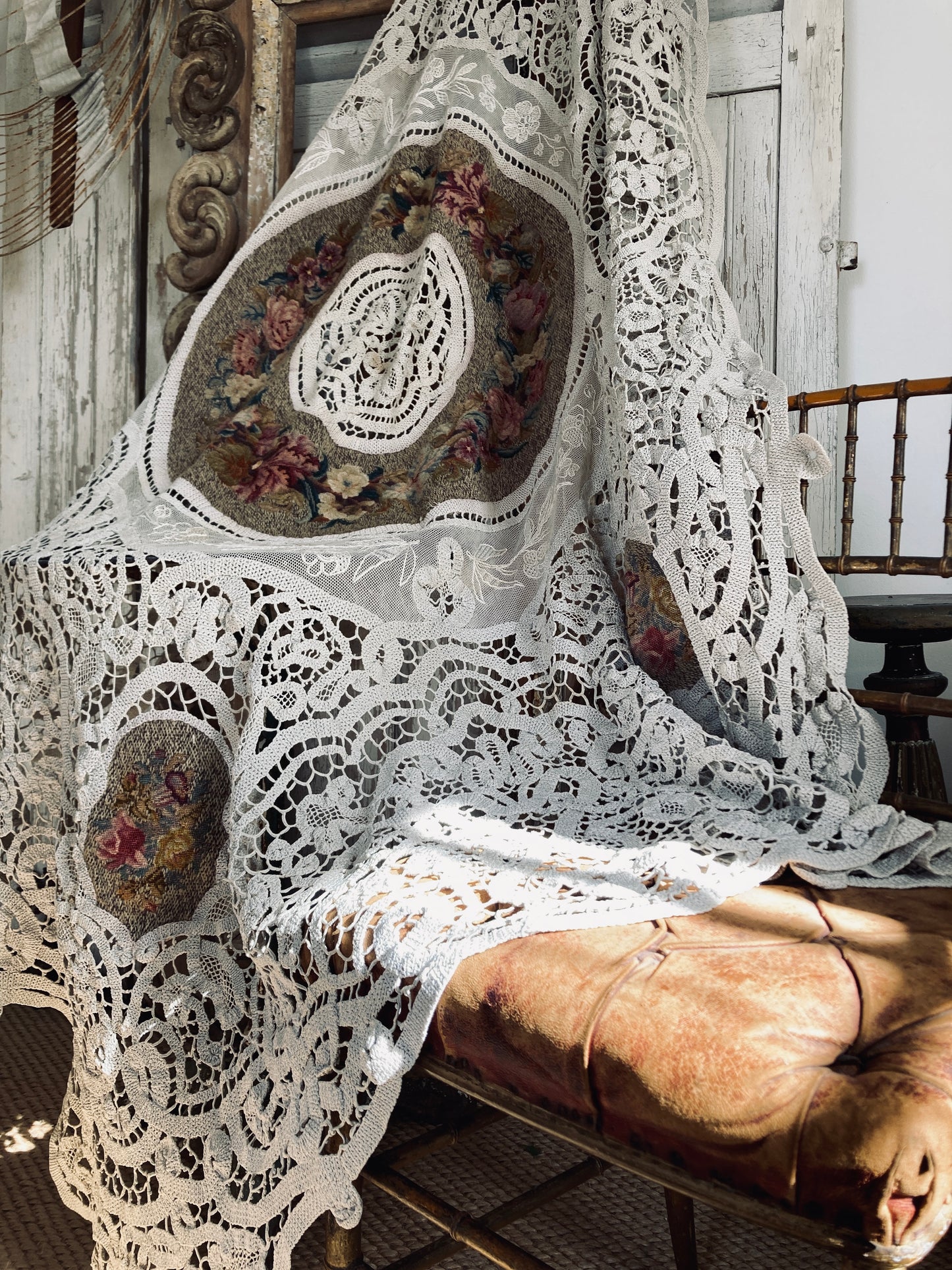 Glorious fine tapestry and crochet lace panelled table covering.