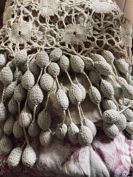 French cafe curtain with divine grape crochet tassels.